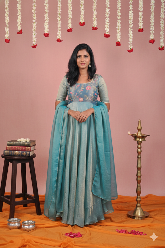 Sky-Blue Designer Anarkali | Handworked Elegance