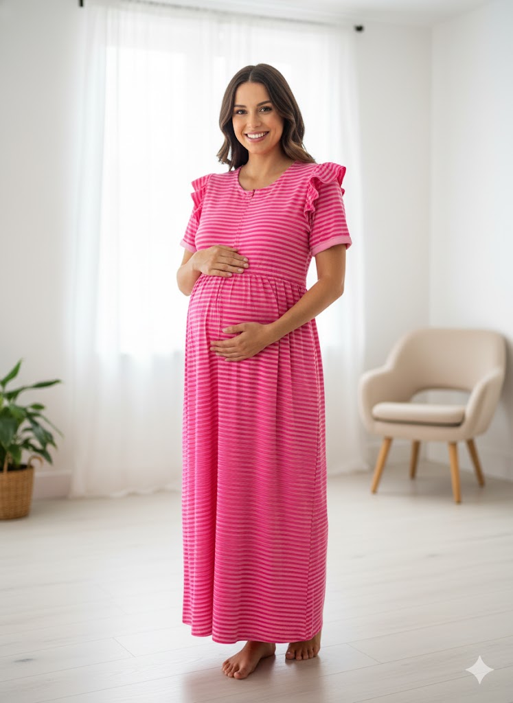 Pink Stripes Straight Zip Knitted Feeding Gown
