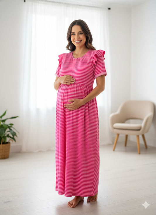 Pink Stripes Straight Zip Knitted Feeding Gown